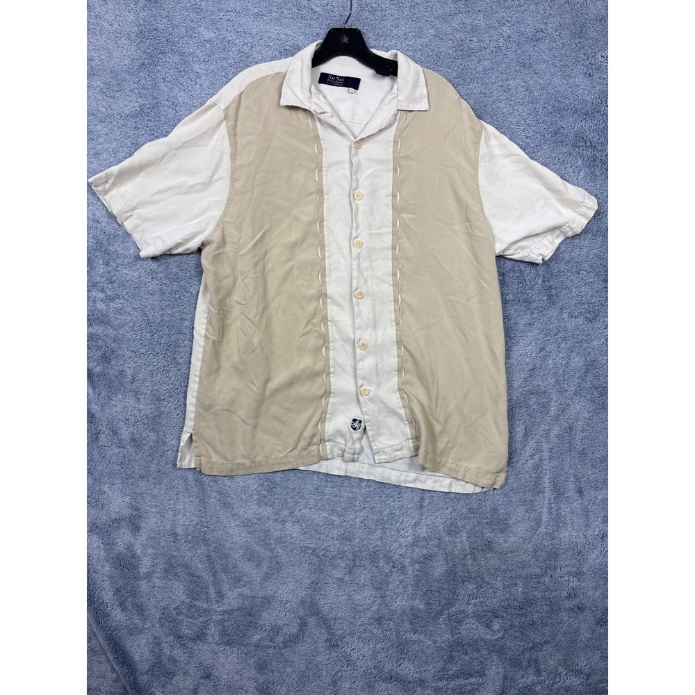 Nat Nast Mens L Tan Silk Button Down Shirt Scalloped Color Block Camp